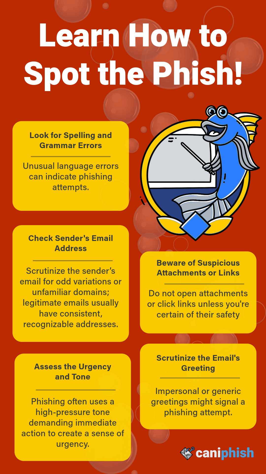 Poster depicting different techniques for spotting phishing attacks.